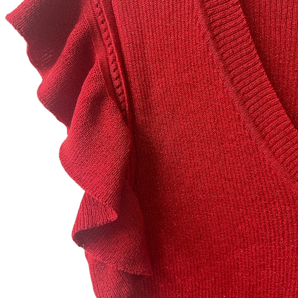 Nanette Lepore glitter red ruffle sshort sleeve top. Size Large #10267 - Picture 8 of 9